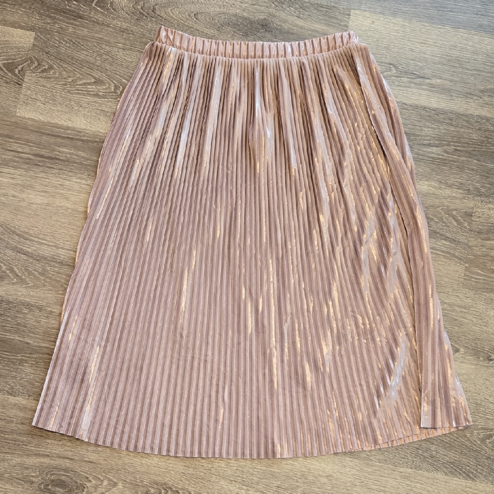 Zara Silver Shimmer Micropleat Midi Skirt Sz Small
